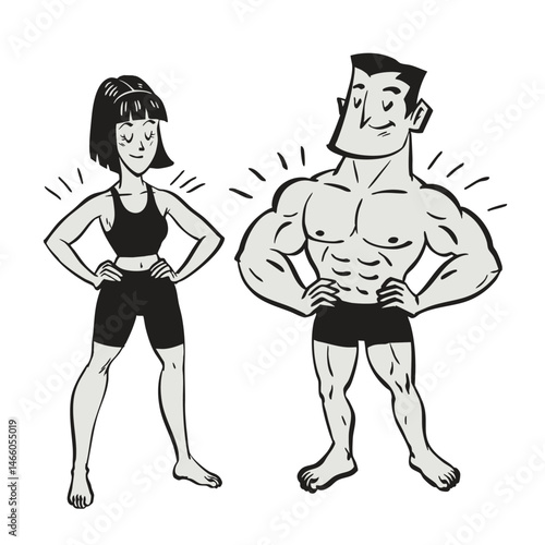 Vintage cute hand drawn doodle of couple fitness people