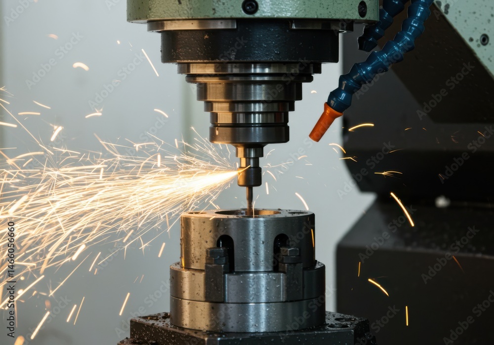 Metalworking process with sparks flying from a milling machine Metalworking process with sparks flying from a milling machine