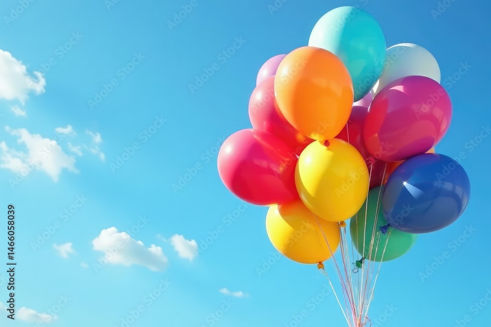 Vibrant rainbow colored balloons float against a clear blue sky , colorful background, balloon festival, carnival Vibrant rainbow colored balloons float against a clear blue sky , colorful background, balloon festival, carnival