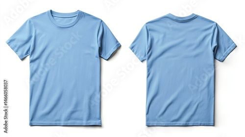 For product design, the front and back of a baby blue men's classic T-shirt are isolated on a white background.