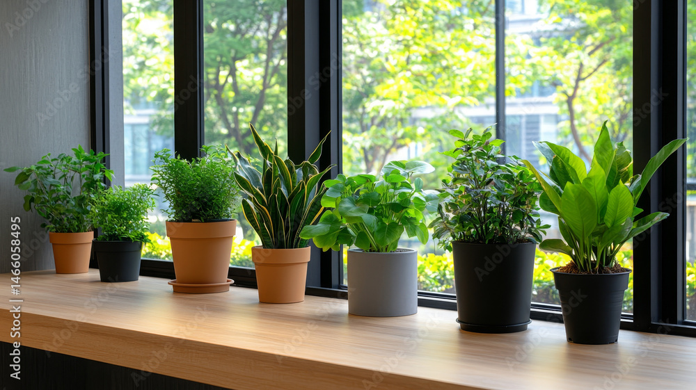 Fototapeta premium Bright airy room with large windows showcasing various indoor plants in pots