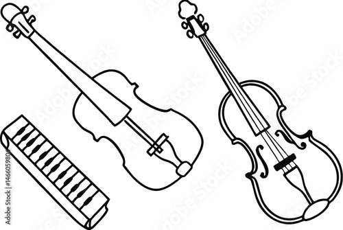 Violin and Piano Keyboard Line Art: Black and White Musical Instruments Illustration for Coloring Pages and Educational Resources