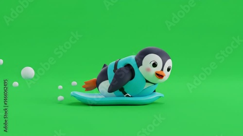 Cartoon penguin gliding across green background with playful and cheerful expression for various creative projects