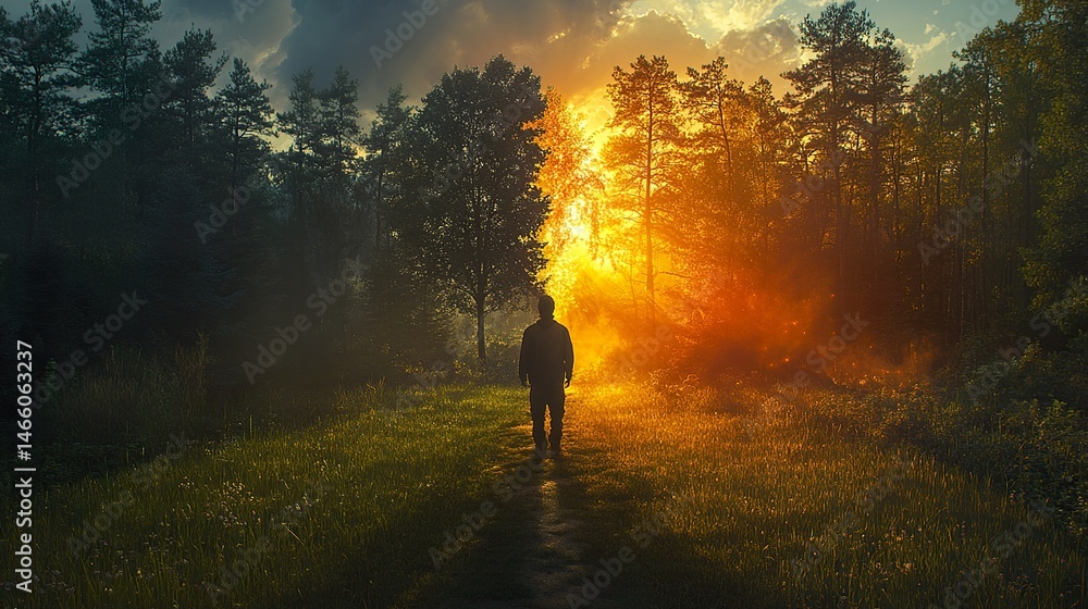 Fototapeta premium man walking in the forest