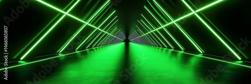 Green Neon Lines Tunnel Perspective - Futuristic, vibrant, green neon lights illuminate a tunnel, symbolizing technology, progress, speed, energy, and the future