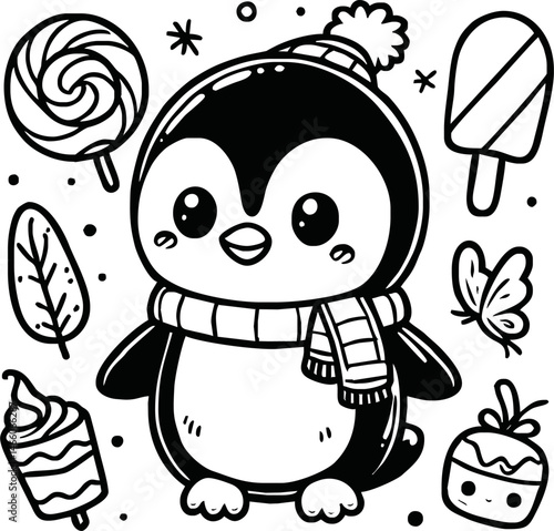 Line art of penguin cartoon vector. penguin coloring book.