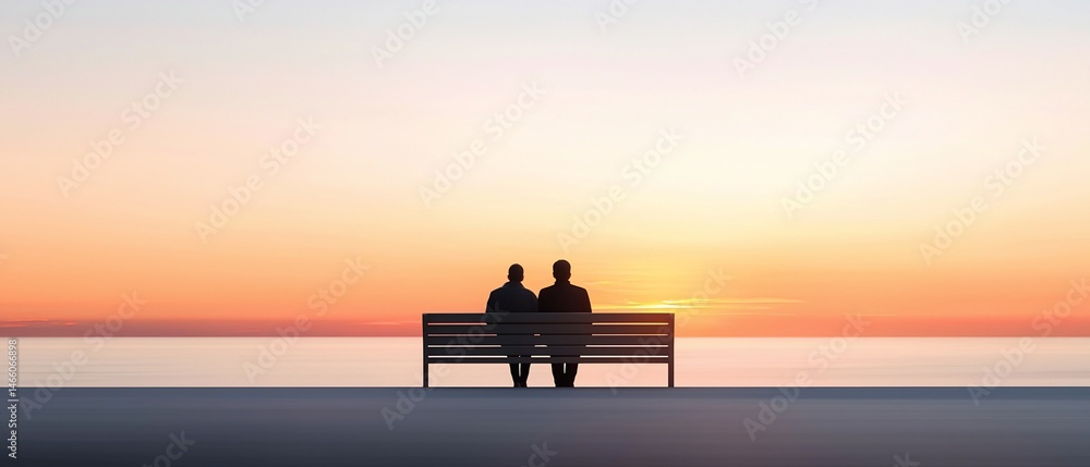 Obraz premium Silhouetted figures sharing reflective moment on a park bench during tranquil sunset