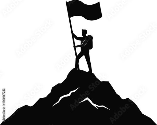 Leader on Mountain Peak Holding Flag Silhouette