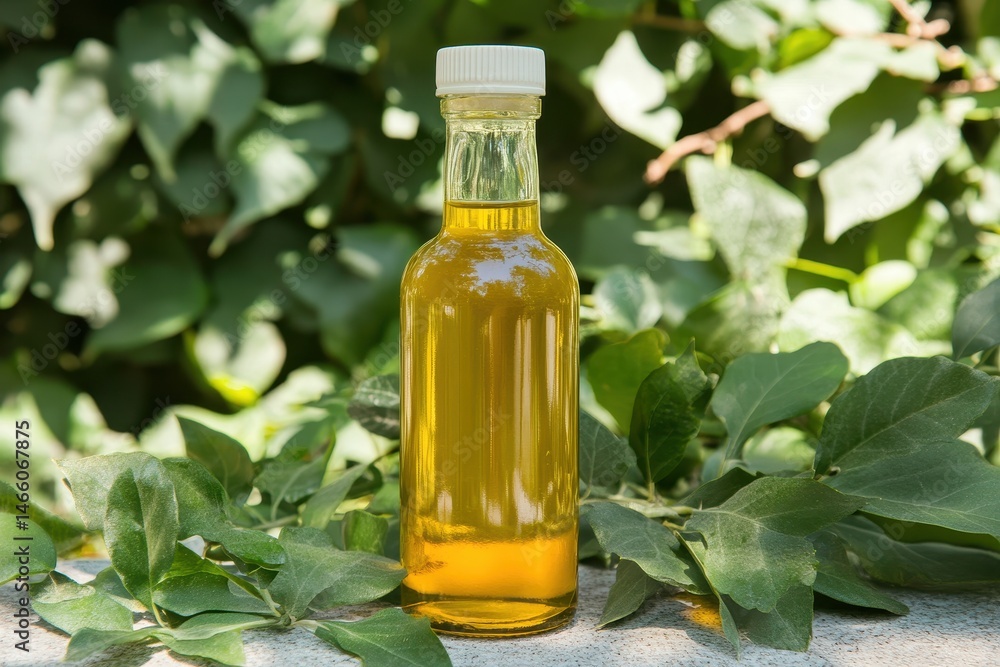 Small bottle of golden liquid oil sits amidst greenery Clear glass bottle, light yellow oil, white cap Natural setting Small bottle of golden liquid oil sits amidst greenery Clear glass bottle, light yellow oil, white cap Natural setting