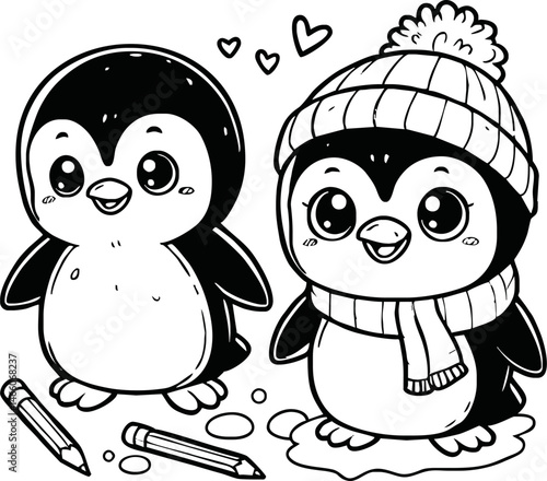 Line art of penguin cartoon vector. penguin coloring book.