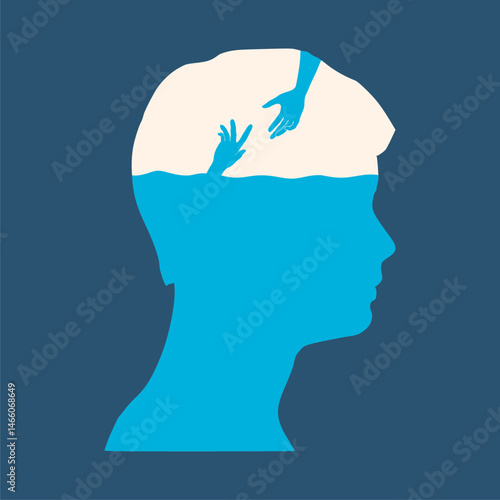 Hand of drowning person in human head and helping hands. Hand go out of head. Internally suffering. Psychology concept of depression. Psychology support