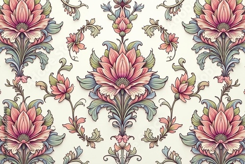 Intricate floral damask pattern in soft pastels, design element, art