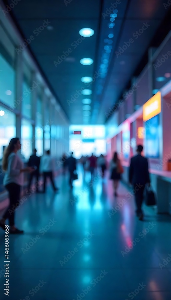 Generative AI Art: Blurred Figures in Modern Airport Hallway with blue light Generative AI Art: Blurred Figures in Modern Airport Hallway with blue light
