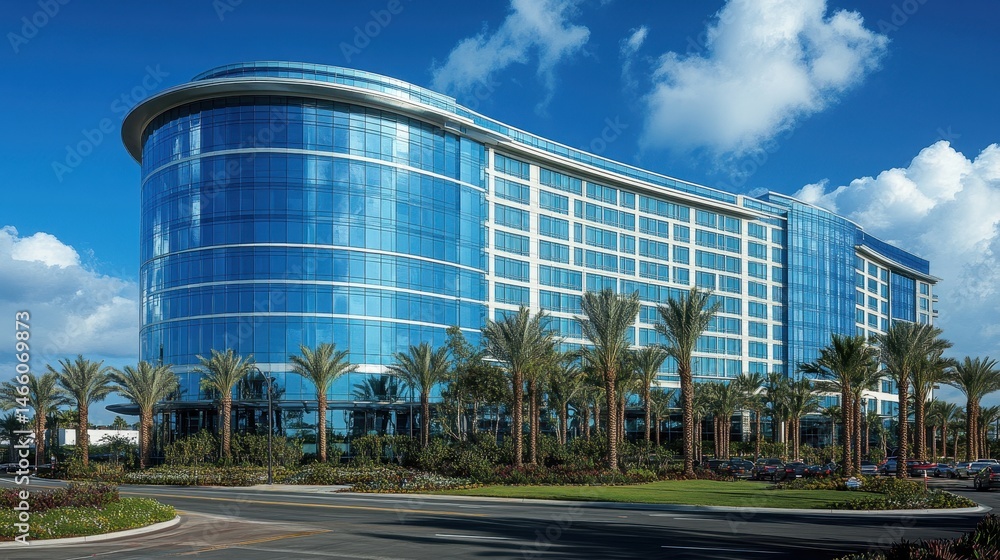 Obraz premium Modern blue glass hotel facade with palm trees under sunny sky s