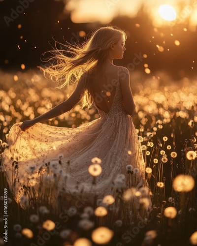 Girl in Beige Sparkly Dress Twirling in Dandelion Field at Sunset