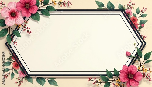 Intricate floral bouquet within a bold hexagon frame, modern, vector