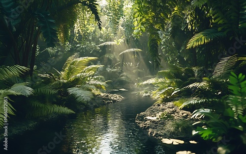 Sunlight beams through dense jungle foliage, illuminating a flowing river lined by lush plants
