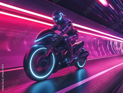 A futuristic motorcycle racer speeds through a neon-lit tunnel, capturing the essence of speed, technology, and innovation in a vibrant, high-energy atmosphere.
