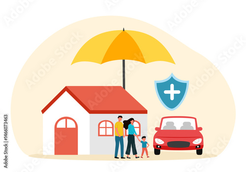 Family, medical, home and car insurance with protection shield.