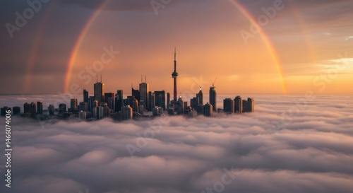 City above the clouds with a rainbow