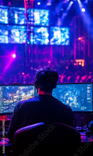 Back view of a gamer watching the monitors amidst the intense crowd lights show