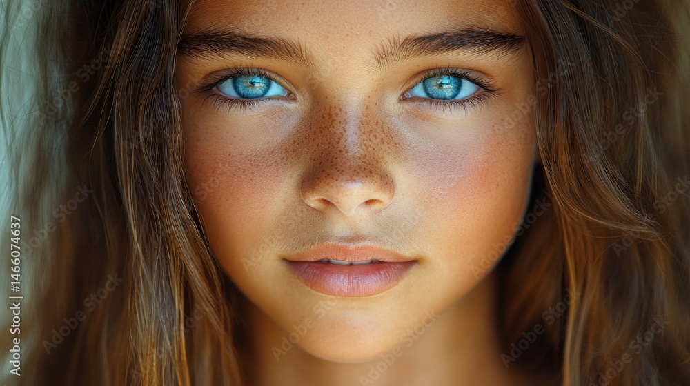 Close-up portrait of a girl with bright blue eyes and freckles Close-up portrait of a girl with bright blue eyes and freckles