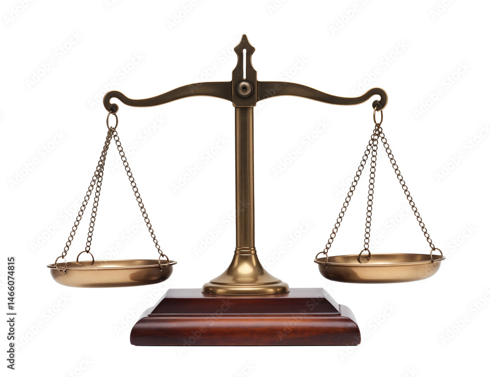 Symbol of Justice: Empty Brass Scale on Wooden Base Symbol of Justice: Empty Brass Scale on Wooden Base