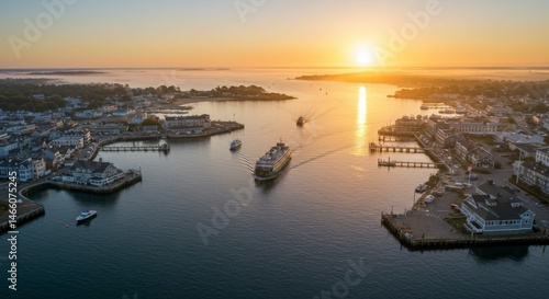 Sunrise over a harbor town with ferry, aerial view