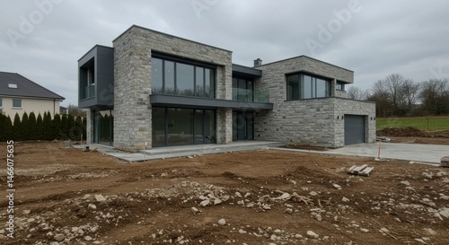 Modern stone house under construction