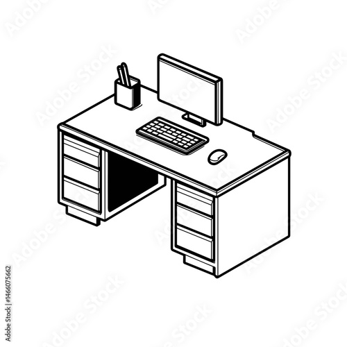 Isometric illustration of a modern office desk with a computer and stationery