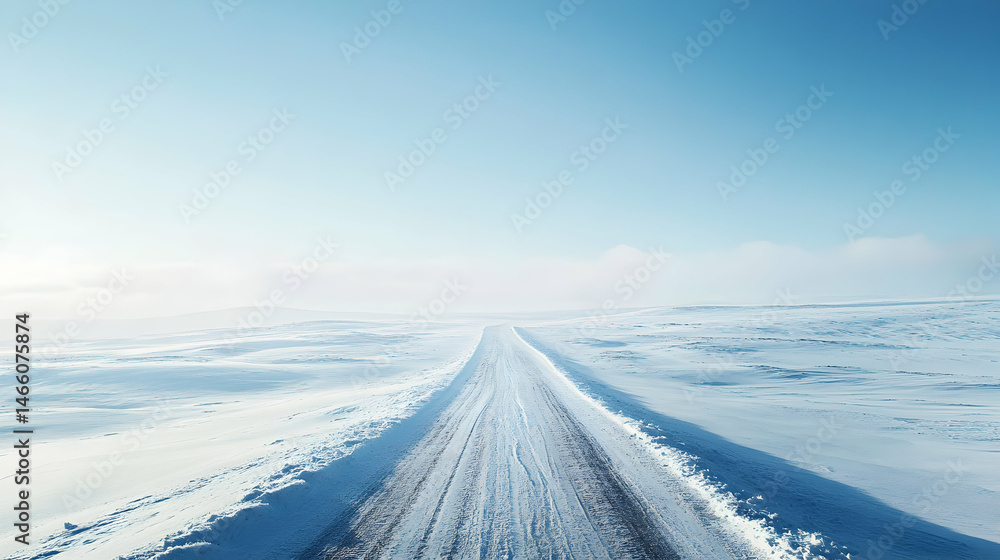 Obraz premium Snowy road stretches into the distance beneath a clear blue sky.