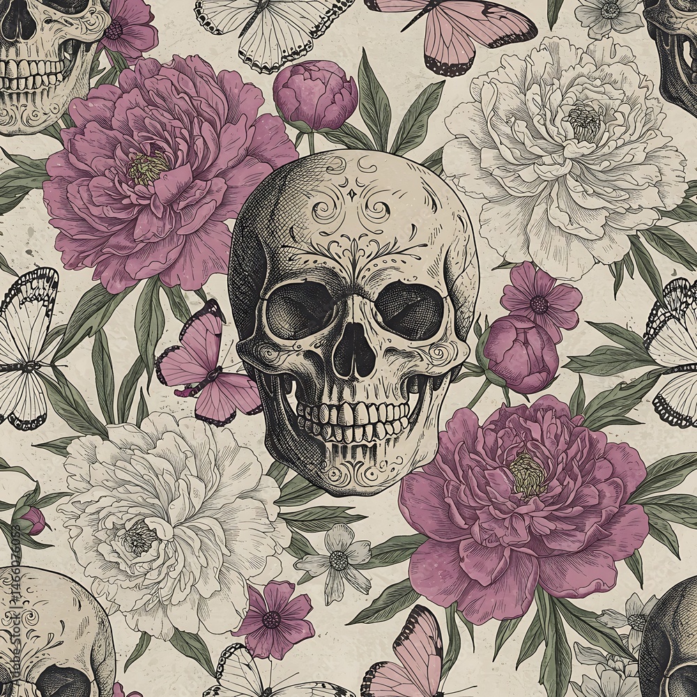 Fototapeta premium Floral Skull & Butterfly Seamless Pattern