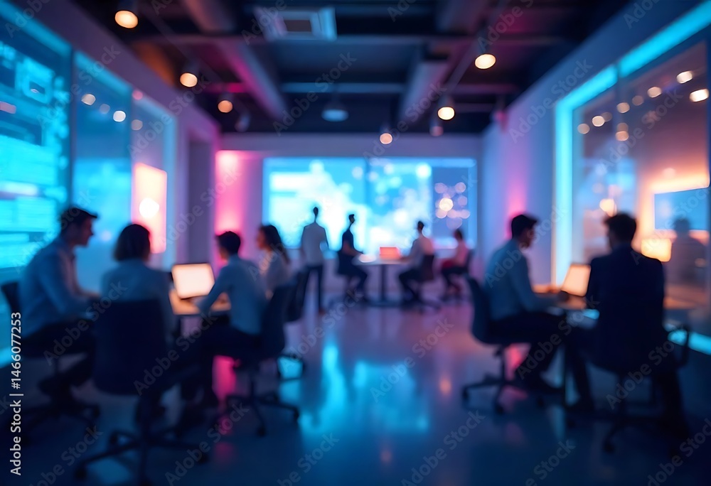 Naklejka premium Generative AI Blurred vision of a business meeting in a modern office with neon lighting effects