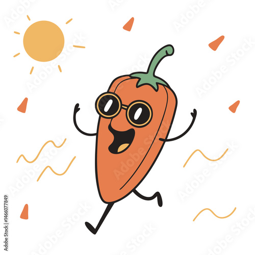 Cartoon habanero pepper wearing sunglasses, smiling joyfully in the sun  