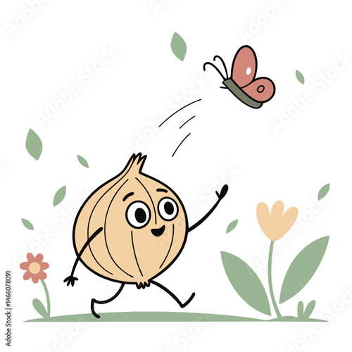 Cartoon onion chasing a butterfly in a colorful garden  