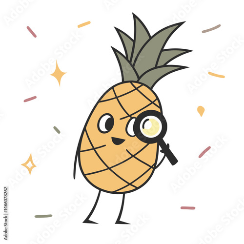 Cartoon pineapple character examining with a magnifying glass  