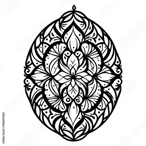 Intricate black and white symmetrical floral illustration with an oval design