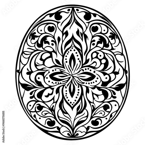 Elaborate ornamental medallion with a symmetrical design in monochrome palette