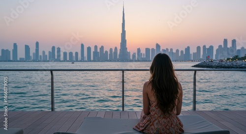 Person watching sunset over city skyline