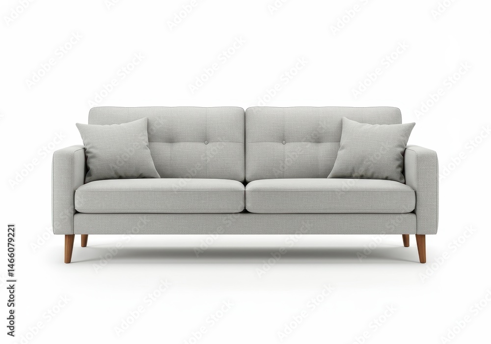 Modern light gray sofa with two pillows on a white background, front view Modern light gray sofa with two pillows on a white background, front view