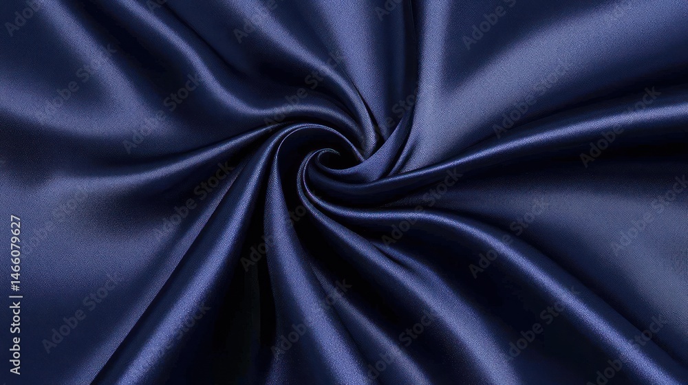 Fototapeta premium Deep blue satin fabric drapes in swirling folds, close-up