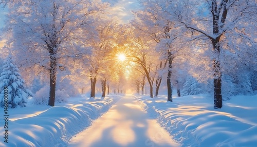 Winter Sunlit Path Through Trees
