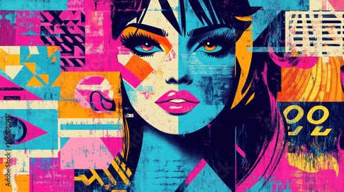 Colorful graphic portrait of a woman with bold geometric patterns and vibrant colors.