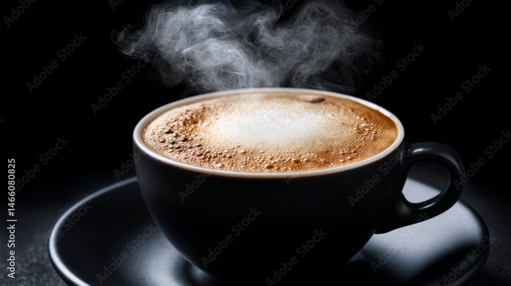 Steaming cup of coffee with rich crema on a dark background Steaming cup of coffee with rich crema on a dark background