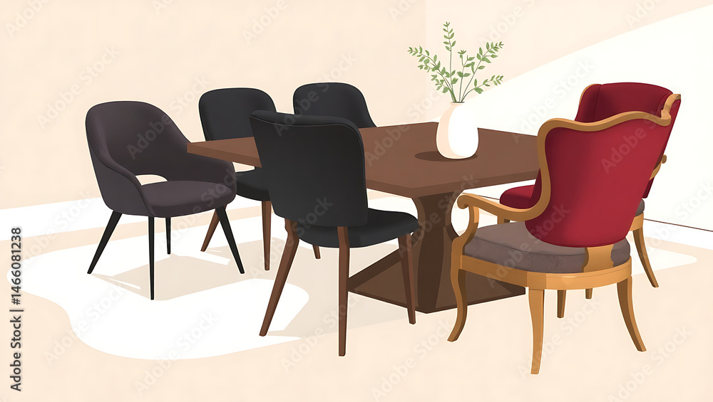 Obraz premium Modern Wooden Dining Table with Black Chairs and Vase - Cozy Home Interior Design