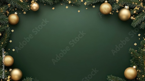 Christmas frame with golden ornaments and greenery on dark green background