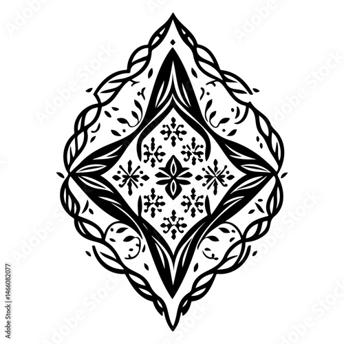 Ornate symmetrical floral design with stylized leaves, a vintage decorative element