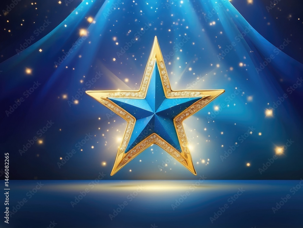 Radiant Golden Star on Blue with Swirling Lights – Ideal for Awards & Celebrations Radiant Golden Star on Blue with Swirling Lights – Ideal for Awards & Celebrations