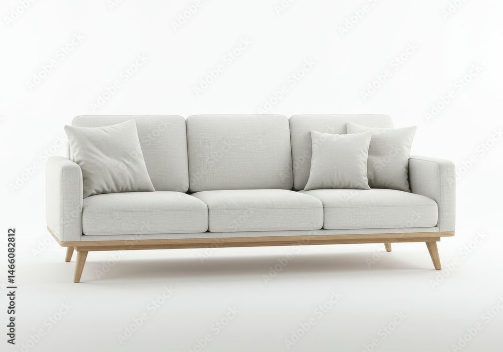 Modern three-seater sofa with white upholstery and wooden base against white background Modern three-seater sofa with white upholstery and wooden base against white background