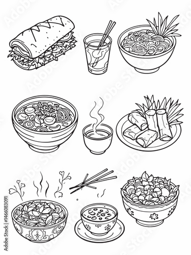 3D Vietnamese Traditional Foods line art minimal style.eps